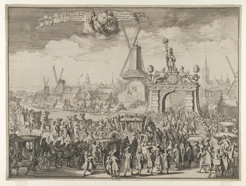 Entrance of William III into The Hague (Inhaling van S.K. Maj. aende Westeynder brug door de E.A. Magistraet van s'Gravenhage / Reception de sa Majesté au pont du Westende) from Bidloo, Inkomste van Koning Willem III by Romeyn de Hooghe, print, 1691