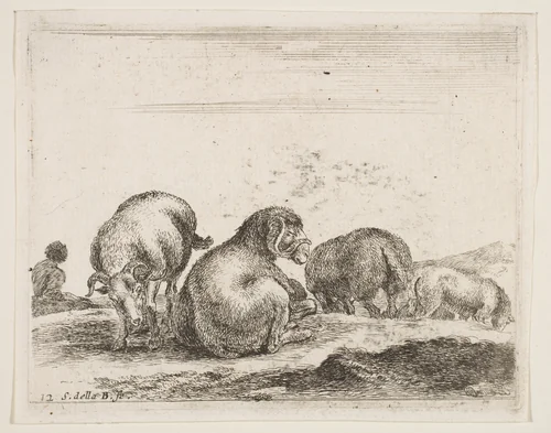 Sheep and ram in a pasture, plate 12 from "Various Animals" (Diversi Animali) by Stefano della Bella, print, 1636-1646