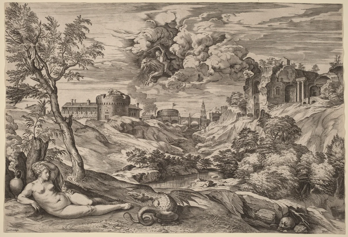 Landscape with Roger Liberating Angelica by Cornelis Cort, print, 1565