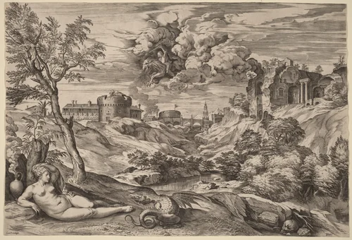 Landscape with Roger Liberating Angelica by Cornelis Cort, print, 1565