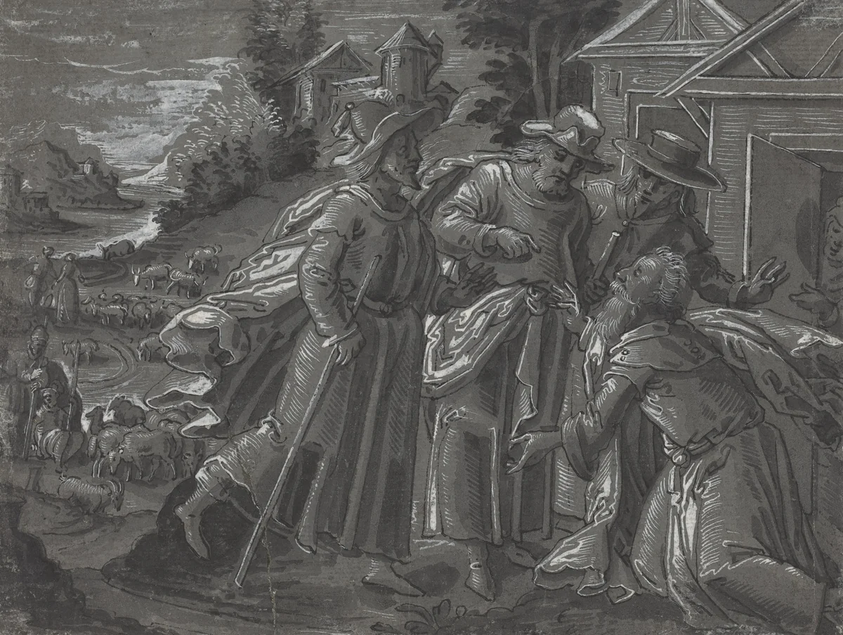 Abraham Entertaining the Angels [verso] by German 16th Century, drawing, 1600