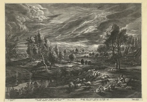 Landschap met herder en kudde schapen by anonymous, print, 1596-1709