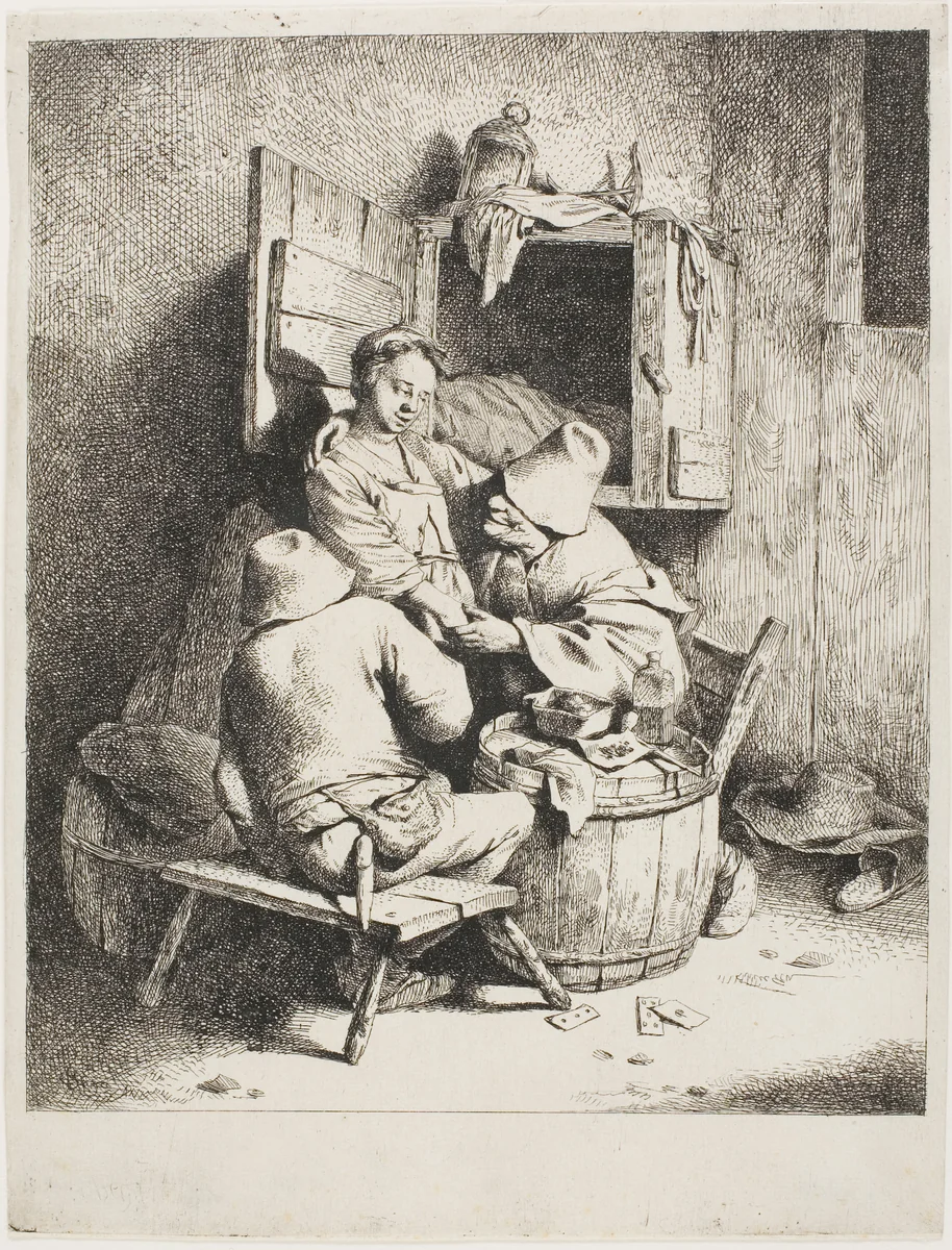 A Man Caressing the Young Hostess by Cornelis Pietersz. Bega, print, 1660-1664
