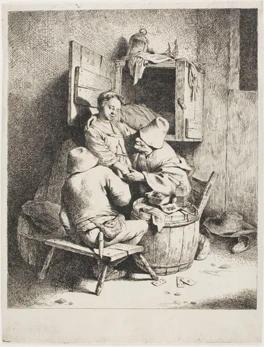 A Man Caressing the Young Hostess by Cornelis Pietersz. Bega, print, 1660-1664