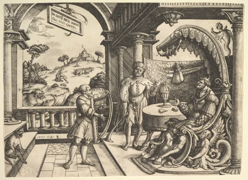 David playing the harp before Saul by Christoph Bockstorffer, print, 1531