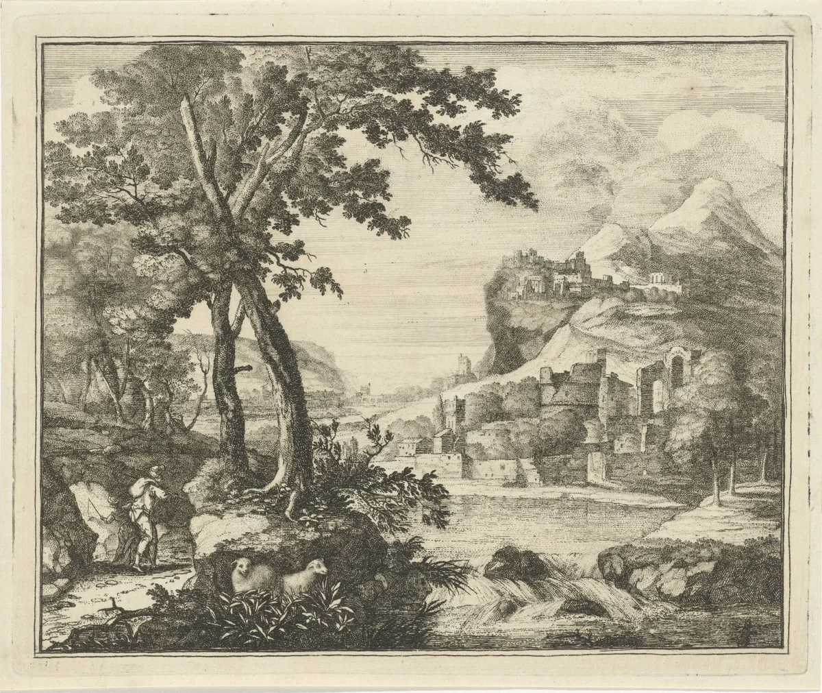 Rivierlandschap met man en kind aan de wandel by Gerard Melder, print, 1703-1754