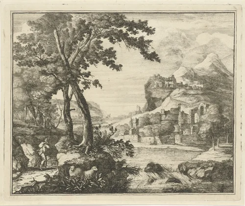 Rivierlandschap met man en kind aan de wandel by Gerard Melder, print, 1703-1754