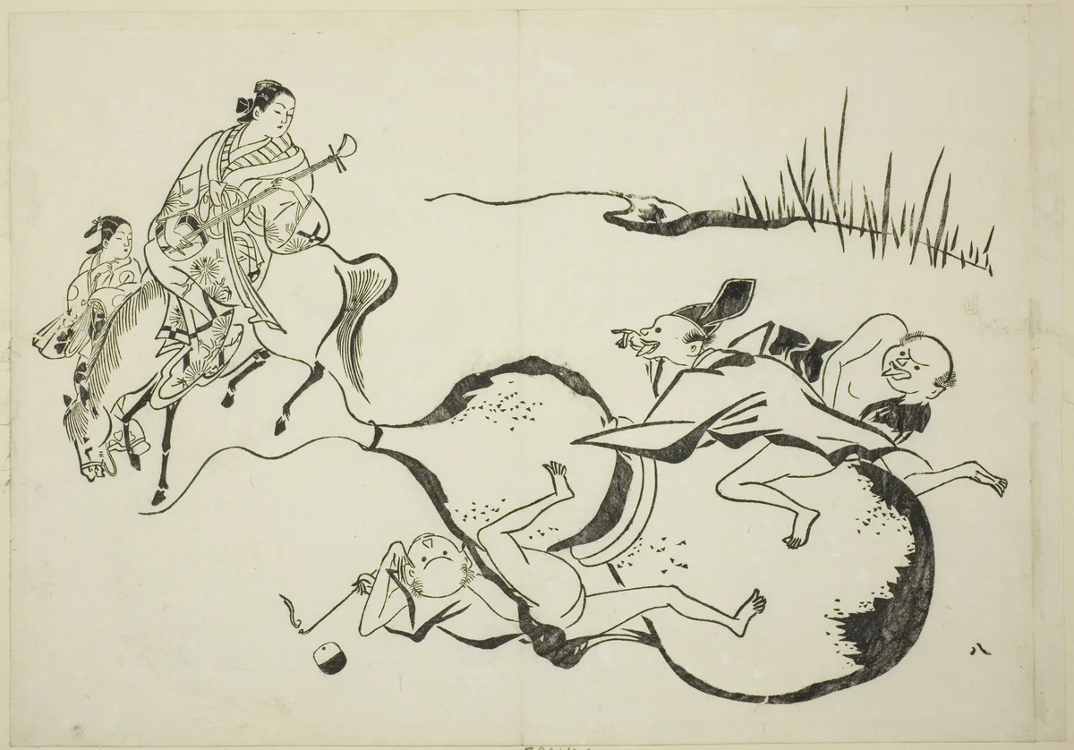 An Impossible Feat by Imaginary Men, no. 8 from a series of 12 prints by Okumura Masanobu (奥村政信), print, 1703-1713