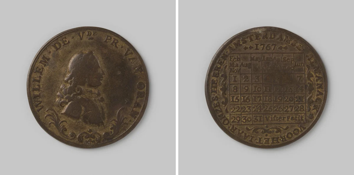 Kalenderpenning op naam van Stadhouder Wiillem V 1767 by Visser, metalwork, 1767