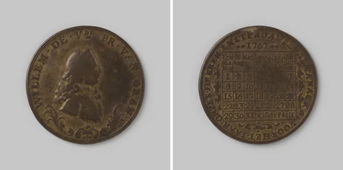 Kalenderpenning op naam van Stadhouder Wiillem V 1767 by Visser, metalwork, 1767