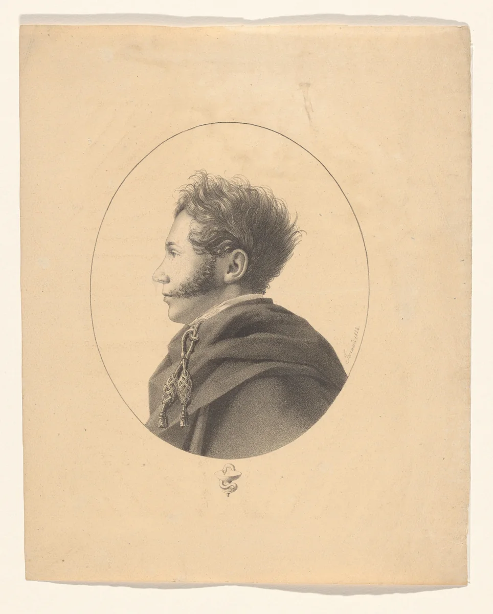 Portret in een ovaal van een onbekende man by Alexandre Jean Baptiste Ferrand, print, 1823