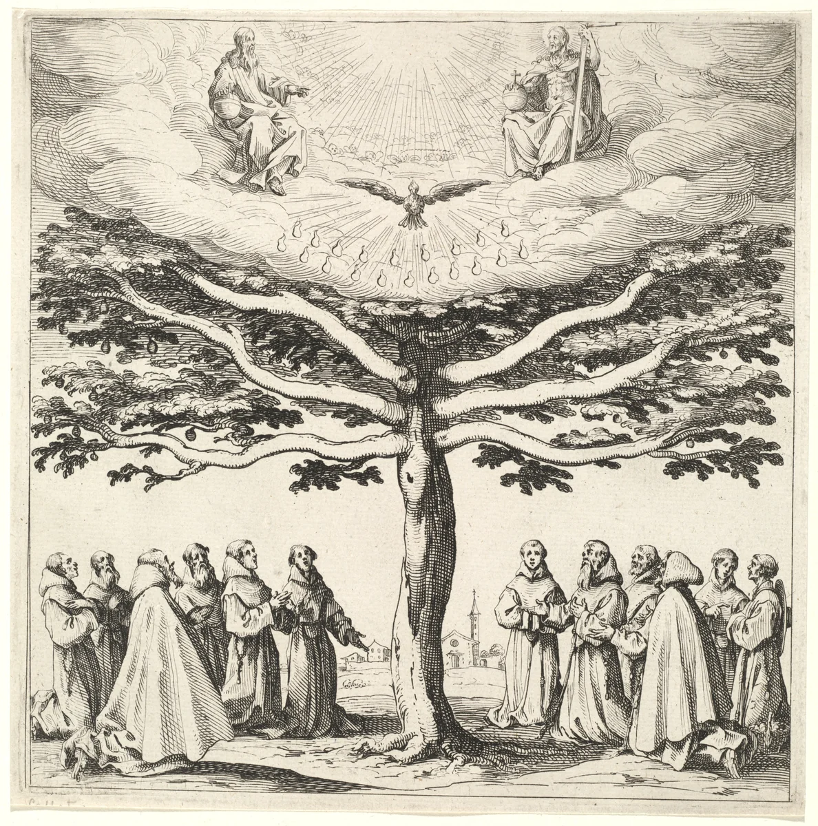 The Holy Trinity in the Tree of Life, Adored by Franciscans by Jacques Callot, print, 1621