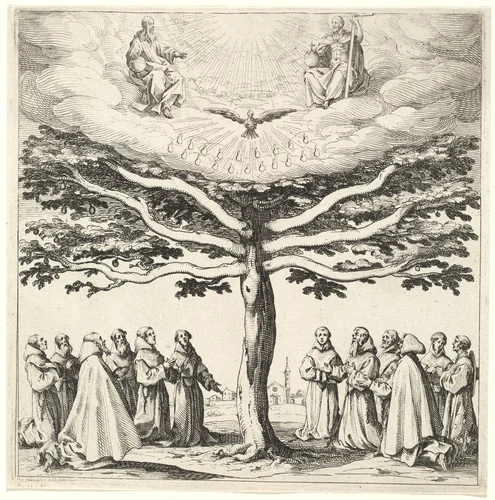 The Holy Trinity in the Tree of Life, Adored by Franciscans by Jacques Callot, print, 1621