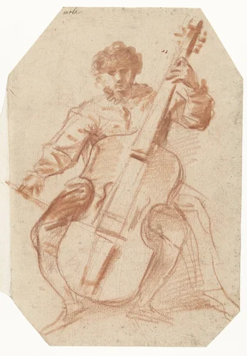 Viola da gamba-speler, en face by Pier Francesco Mola, drawing, 1645-1650