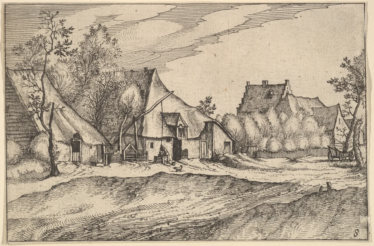 Farms in a Village from Regiunculae et Villae Aliquot Ducatus Brabantiae by Claes Jansz Visscher, print, 1605-1615