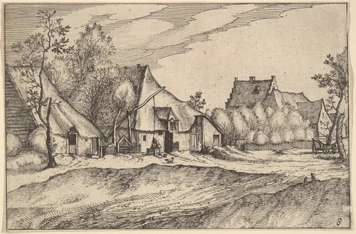 Farms in a Village from Regiunculae et Villae Aliquot Ducatus Brabantiae by Claes Jansz Visscher, print, 1605-1615