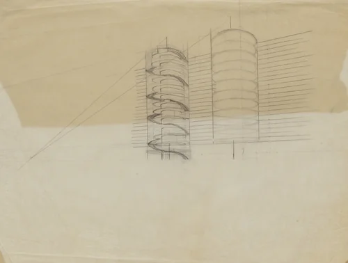 Suspension Houses Project (Perspective) by Bodo Rasch, Heinz Rasch, architecture, 1927