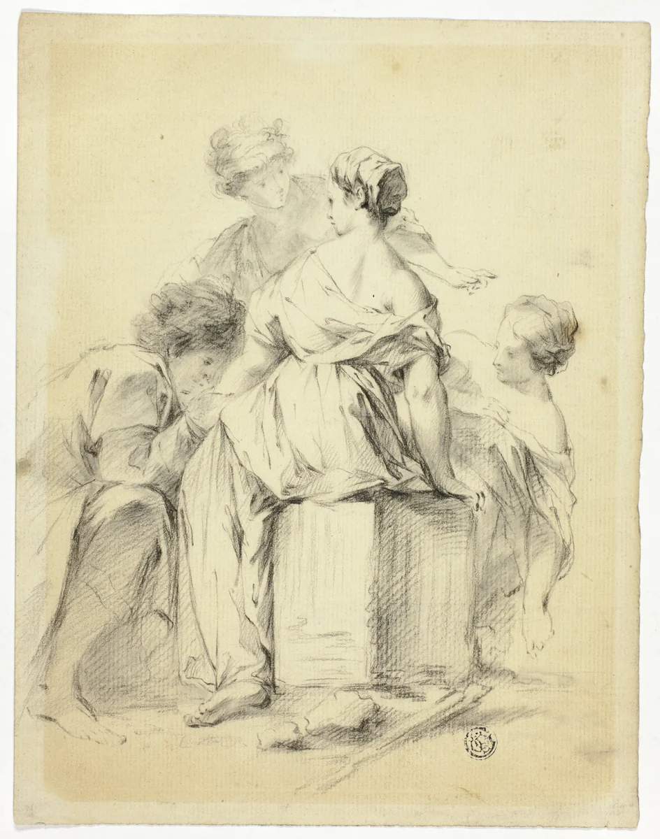 Courtship Scene with Youth and Three Maidens by Unknown Artist, drawing, 1700-1799