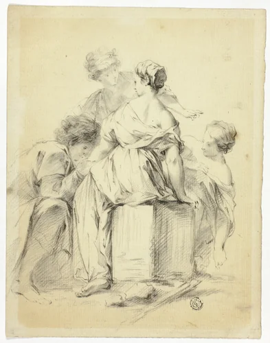Courtship Scene with Youth and Three Maidens by Unknown Artist, drawing, 1700-1799