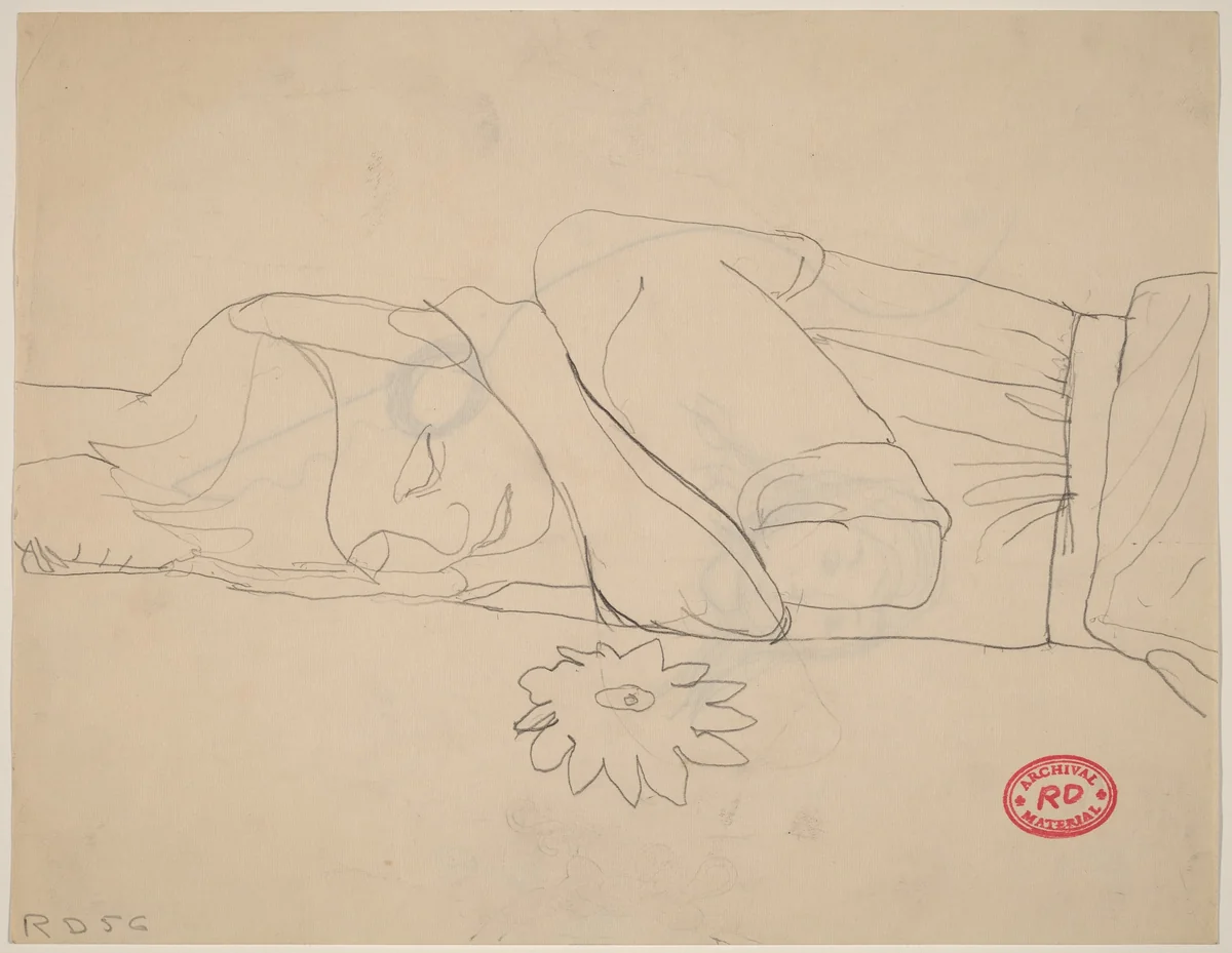 Untitled [woman sleeping on a floral spread] [recto] by Richard Diebenkorn, drawing, 1956