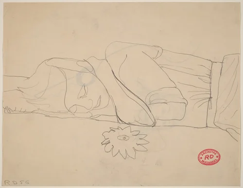 Untitled [woman sleeping on a floral spread] [recto] by Richard Diebenkorn, drawing, 1956