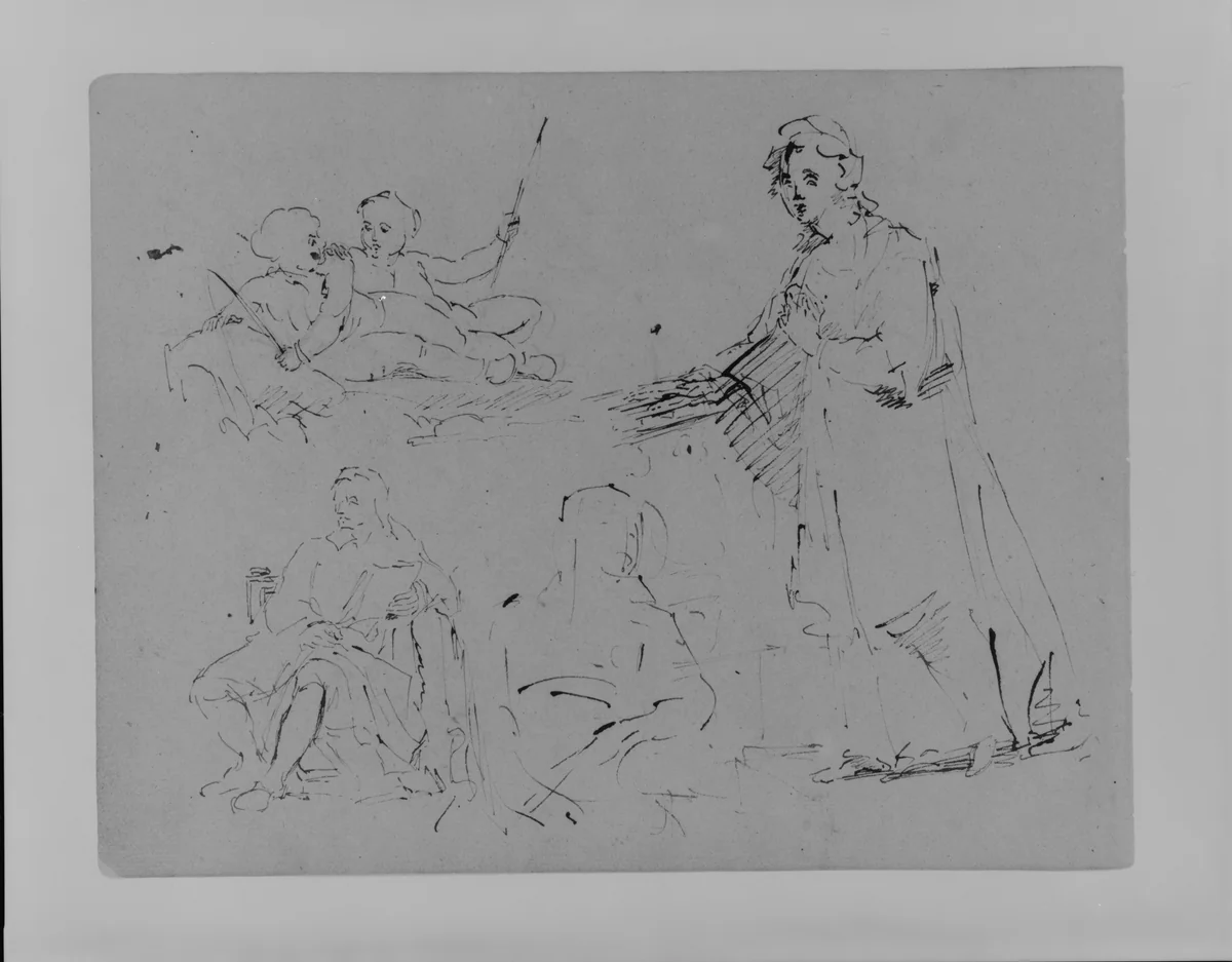 Five Figure Sketches: A Woman Descending a Staircase; Two Children Fishing; Male Seated; Woman Seated (from Sketchbook) by Thomas Sully, artwork, 1810-1820