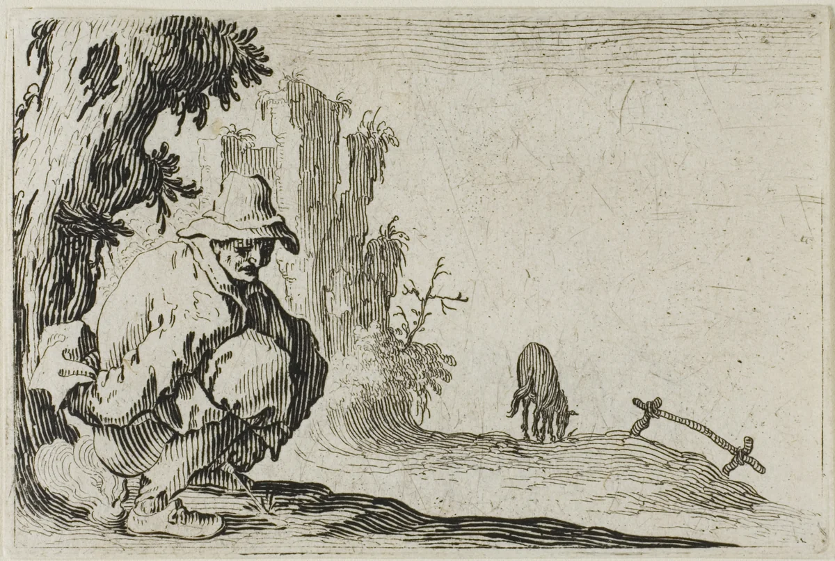 The Peasant Squatting, from The Caprices by Jacques Callot, print, 1617-1627