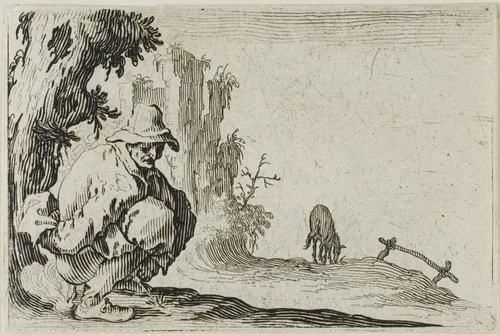 The Peasant Squatting, from The Caprices by Jacques Callot, print, 1617-1627
