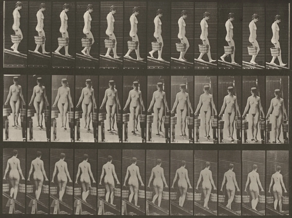 Plate Number 122. Descending an incline with a bucket of water in each hand by Eadweard Muybridge, photograph, 1887