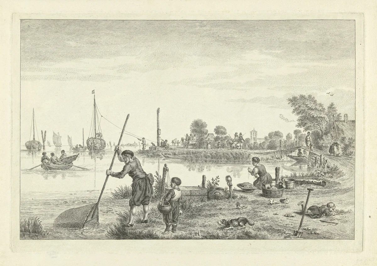 Figuren op de oever bij Ouderkerk aan de Amstel, 1622 by Simon Fokke, print, 1722-1784