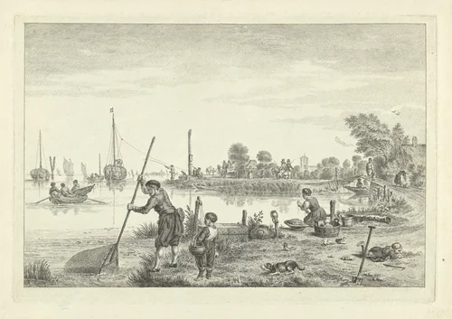Figuren op de oever bij Ouderkerk aan de Amstel, 1622 by Simon Fokke, print, 1722-1784
