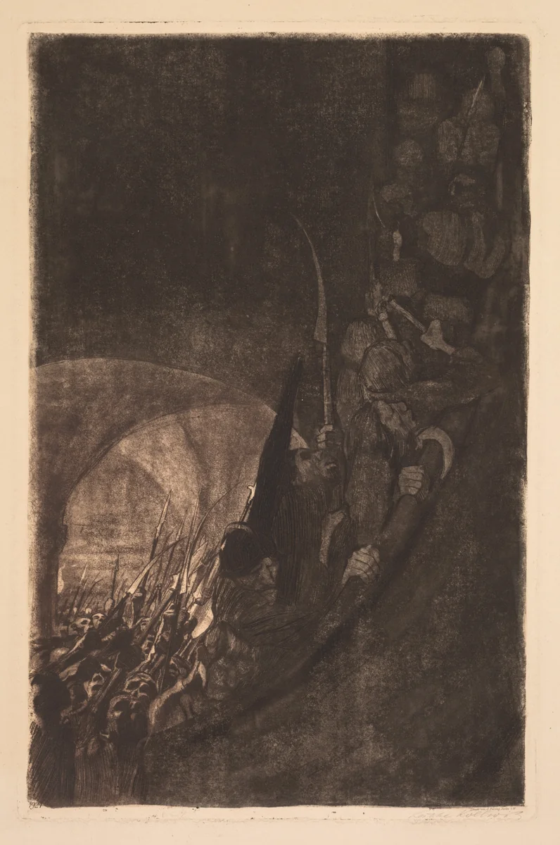 Peasants' War: Arming in a Vault by Käthe Kollwitz, print, 1906
