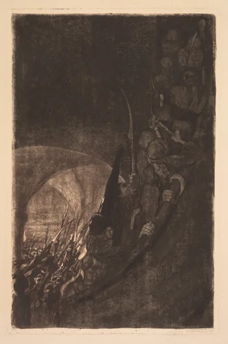 Peasants' War: Arming in a Vault by Käthe Kollwitz, print, 1906