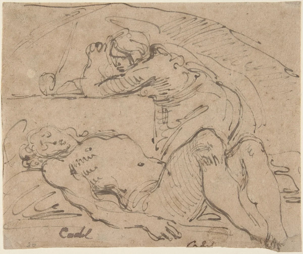The Dead Christ Mourned by Saint Mary Magdalen (recto); The Holy Family with an Attendant (verso) by Giuseppe Cades, drawing, 1778-1787