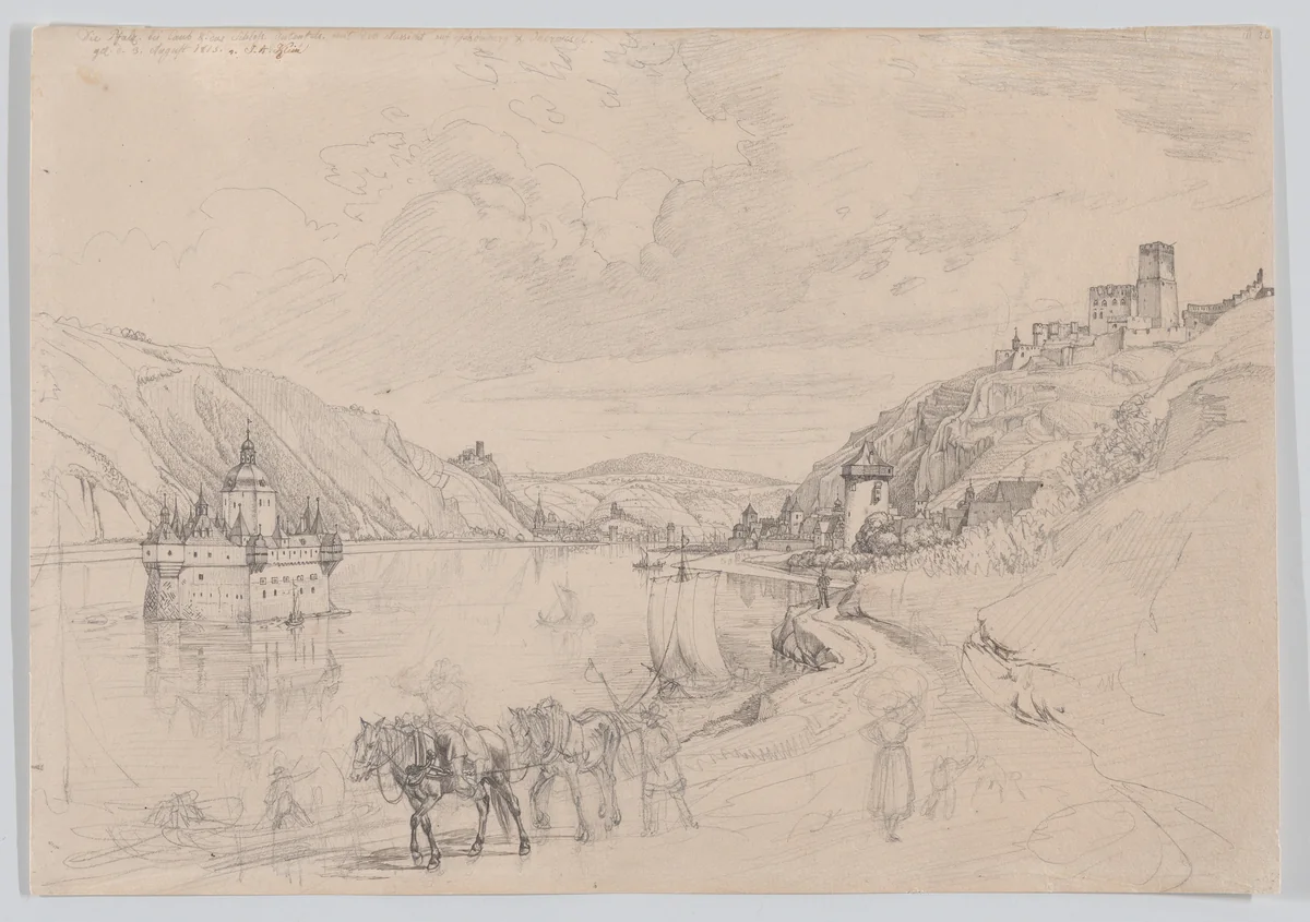 View of the Rhine with Pfalzgrafenstein Castle and Kaub Seen from the South-East by Johann Adam Klein, drawing, 1815