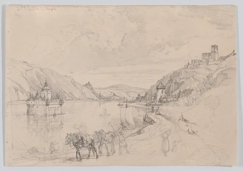 View of the Rhine with Pfalzgrafenstein Castle and Kaub Seen from the South-East by Johann Adam Klein, drawing, 1815