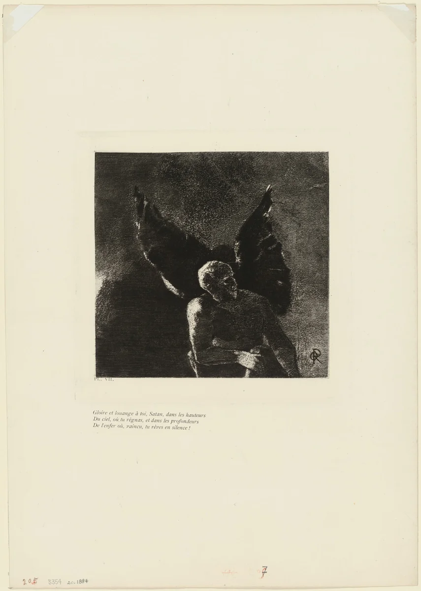 Glory and Praise to You, Satan, in the Heights of Heaven, Where You Reigned, and in the Depths of Hell, Where, Vanquished, You Dream in Silence!, plate 8 of 9 by Odilon Redon, print, 1890