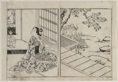 Woman Looking at a Hanging Scroll by Nishikawa Sukenobu (西川祐信), print, 1740-1749