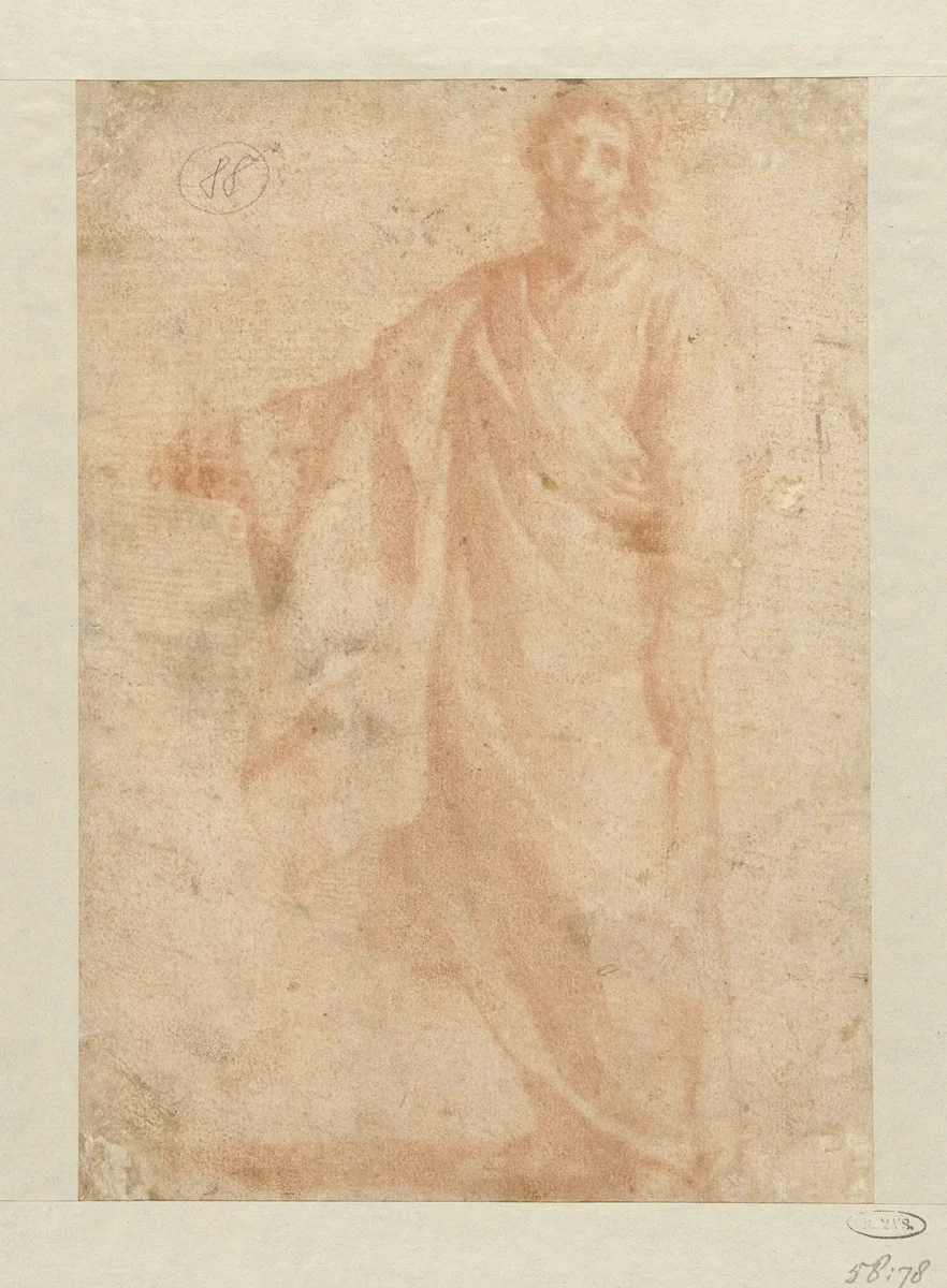 Staande figuur met uitgestrekte rechterarm by Matteo Rosselli, drawing, 1588-1650