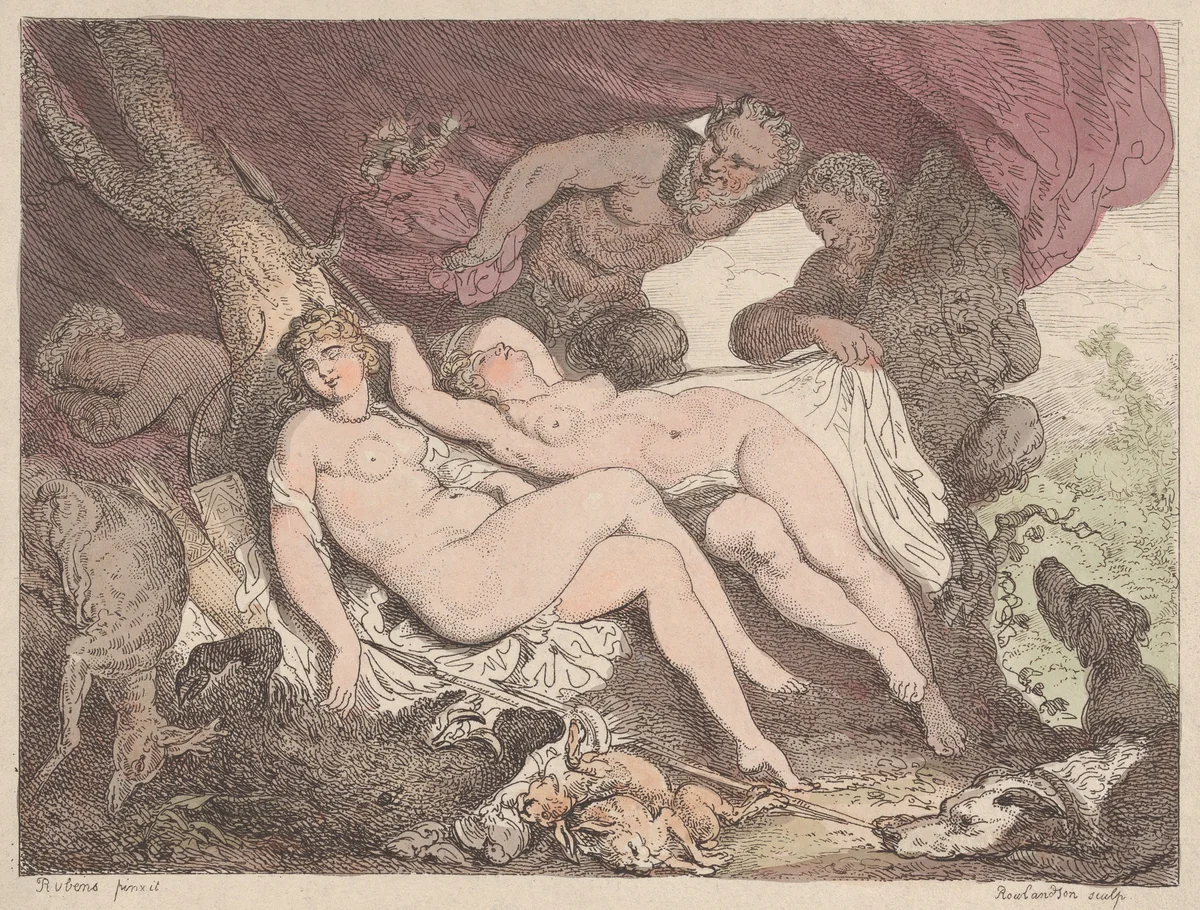 Diana and Her Nymphs Spied on by Satyrs by Thomas Rowlandson, print, 1790-1799