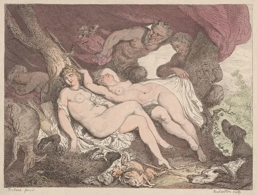 Diana and Her Nymphs Spied on by Satyrs by Thomas Rowlandson, print, 1790-1799