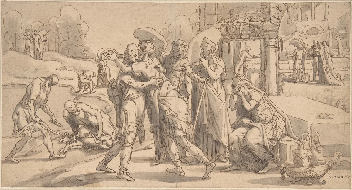 Raguel's Reception of Tobias at Ecbatana by Pieter Aertsen, drawing, 1520-1575
