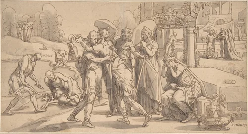 Raguel's Reception of Tobias at Ecbatana by Pieter Aertsen, drawing, 1520-1575