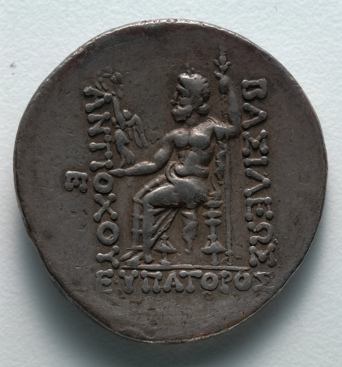 Tetradrachm: Zeus Nikephoros (Seated, Holding Nike) (reverse) by Unknown, metalwork, -164--162