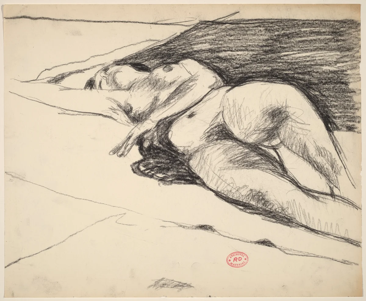 Untitled [reclining nude stretching our her left arm] by Richard Diebenkorn, drawing, 1955-1967