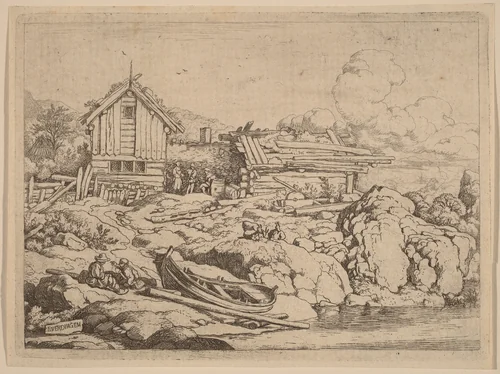 Boat at a River Bank with Three Goats by Allart van Everdingen, print, 1645-1656
