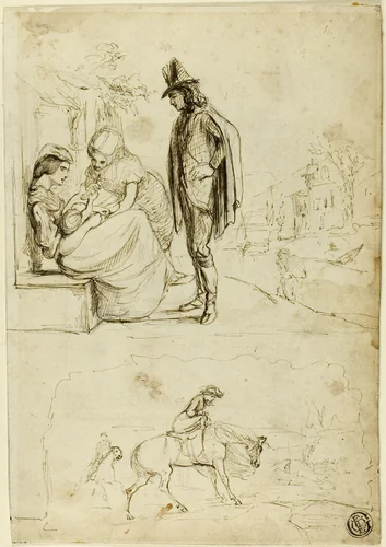 Two Sketches: Two Women and Baby with Man Looking On by George Dumaurier, drawing, 1854-1896