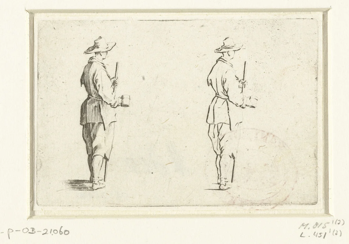 Tweemaal dezelfde man met beker en wandelstok, op de rechterzijde gezien by Jacques Callot, print, 1621