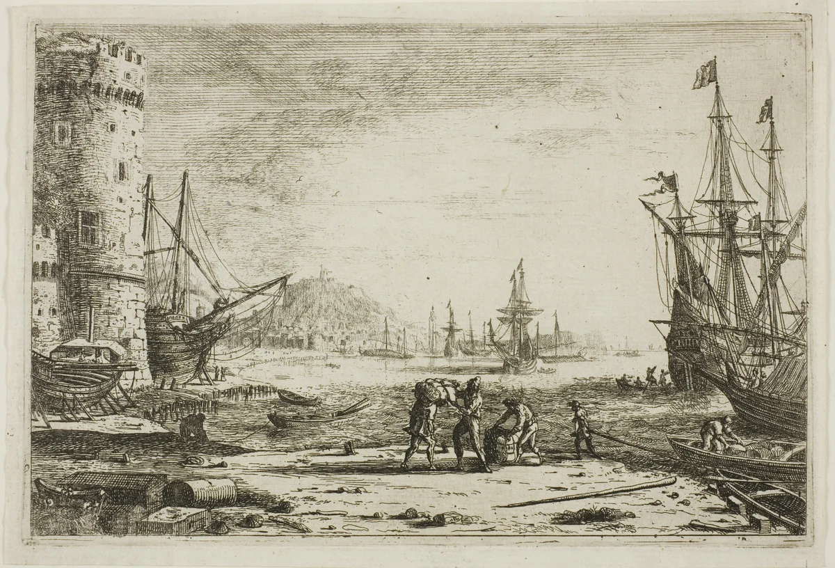 Harbor with a Large Tower by Claude Lorrain, print, 1636-1646