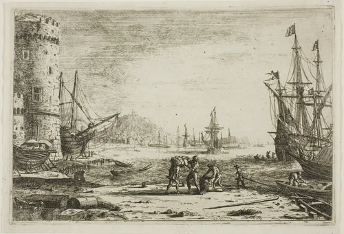 Harbor with a Large Tower by Claude Lorrain, print, 1636-1646